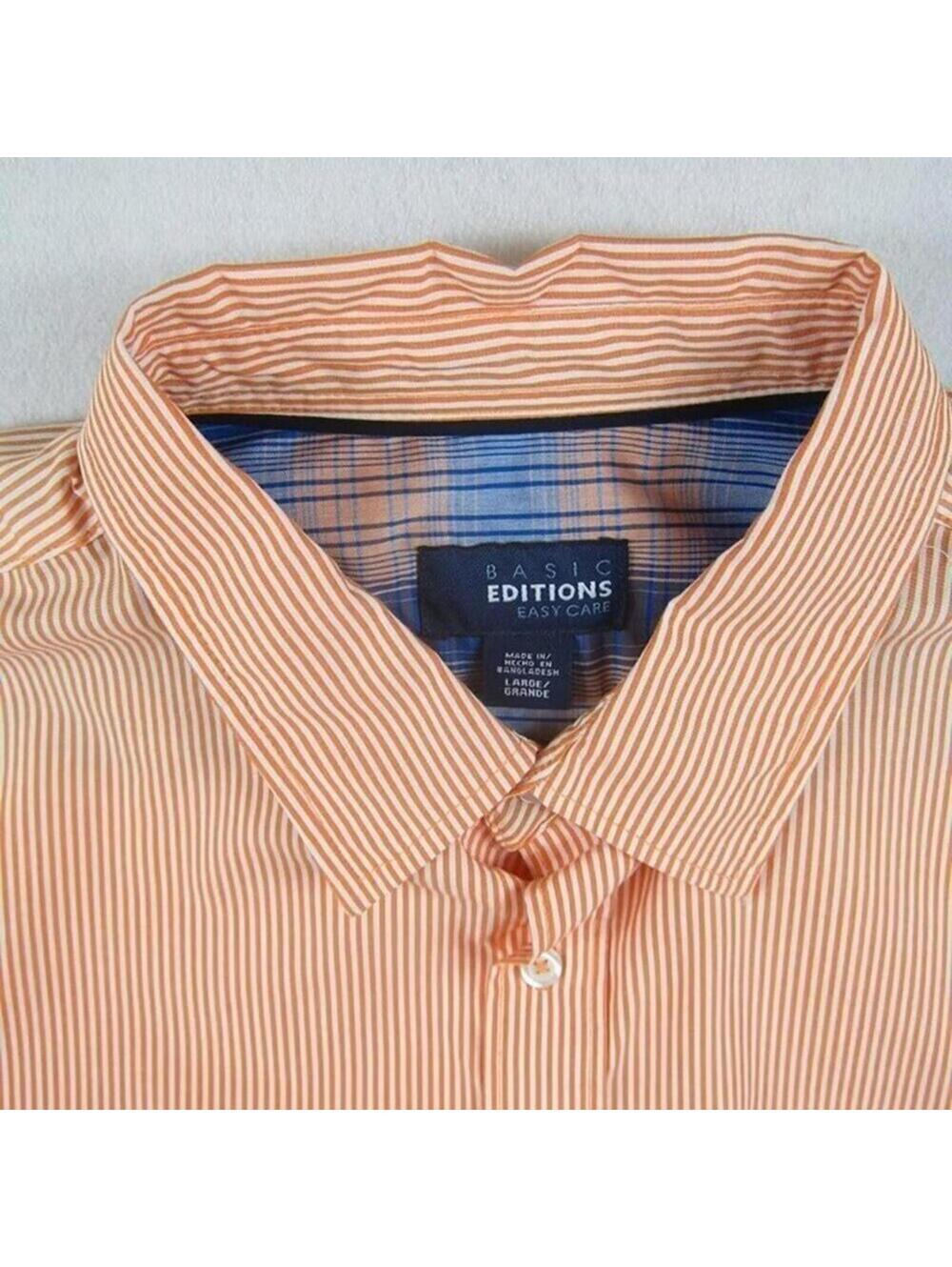 Basic Editions Mens Large Short Sleeve Button Down Shirt Orange Pinstripe NWT